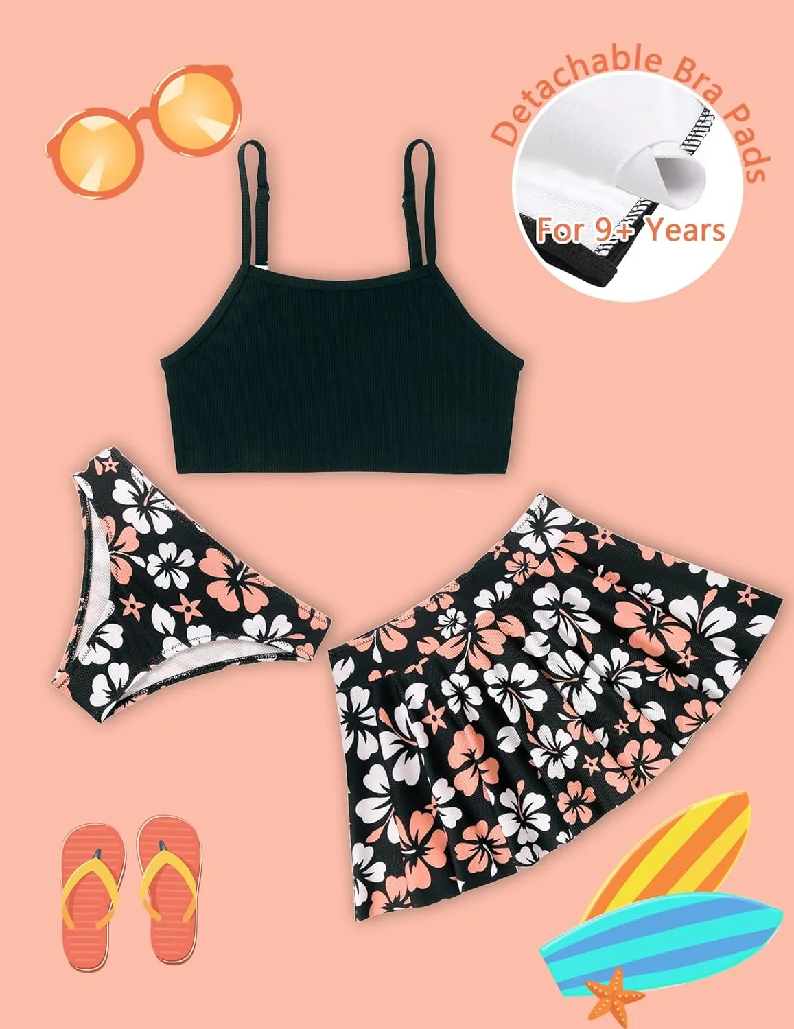 Arshiner Girls 3 Piece Swimsuit for Teen Girl Tankini Swimsuits Bathing Suit Beach Floral Bikini Swimwear with Skirt