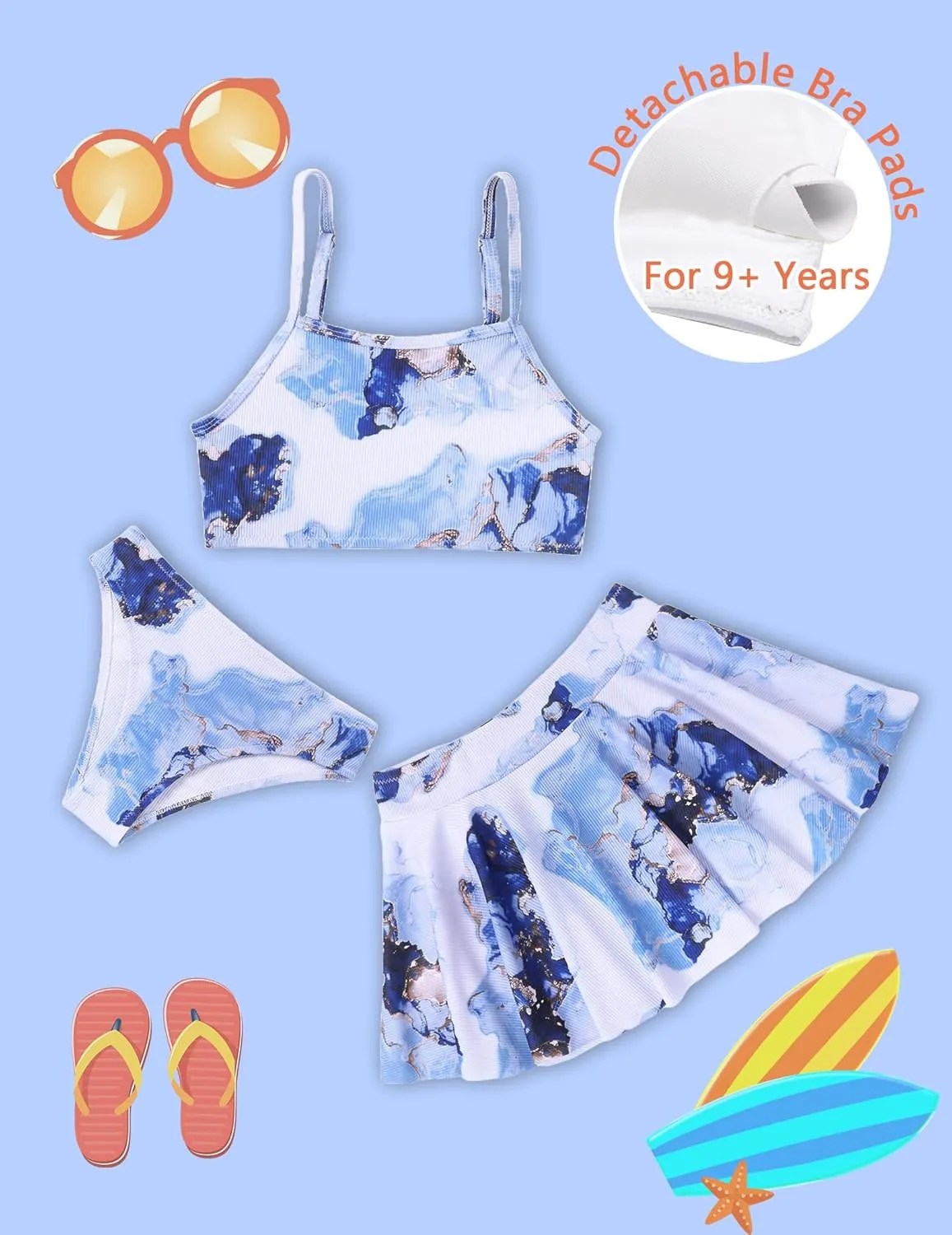 Arshiner Girls 3 Piece Swimsuit for Teen Girl Tankini Swimsuits Bathing Suit Beach Floral Bikini Swimwear with Skirt