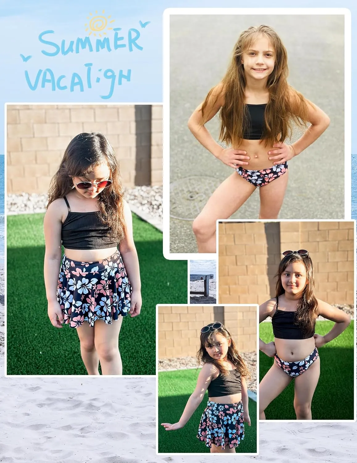 Arshiner Girls 3 Piece Swimsuit for Teen Girl Tankini Swimsuits Bathing Suit Beach Floral Bikini Swimwear with Skirt