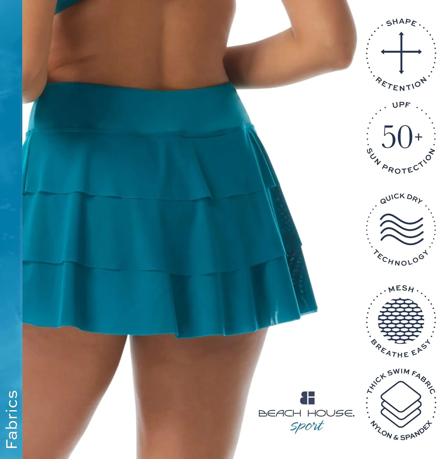 Athletic Swim Skort  Ruffled Bikini Bottom Swimsuit Skirt, Mesh Tiers, Cadence