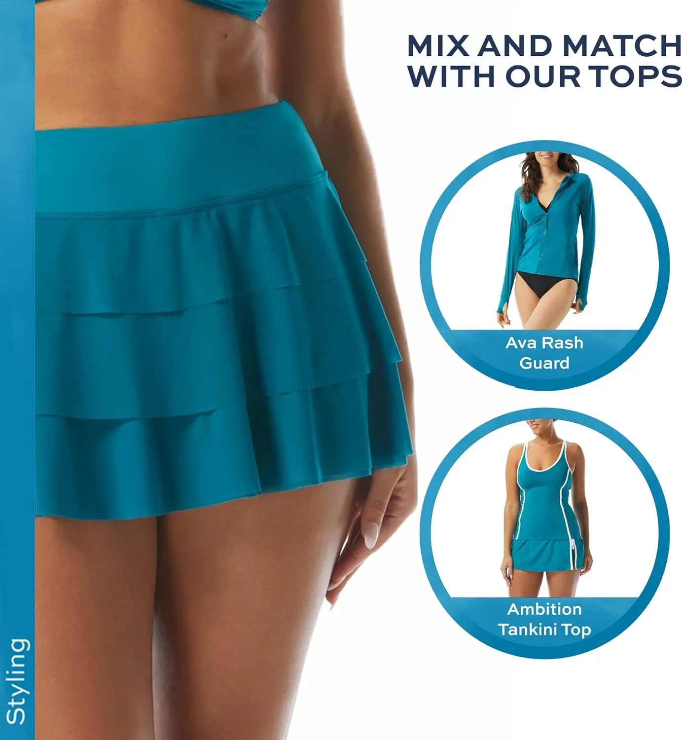Athletic Swim Skort  Ruffled Bikini Bottom Swimsuit Skirt, Mesh Tiers, Cadence