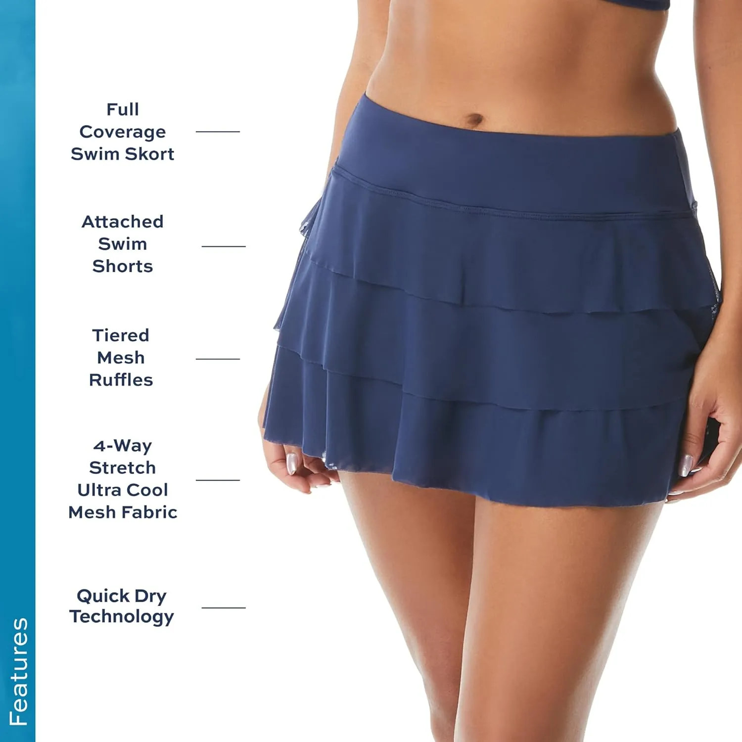 Athletic Swim Skort  Ruffled Bikini Bottom Swimsuit Skirt, Mesh Tiers, Cadence