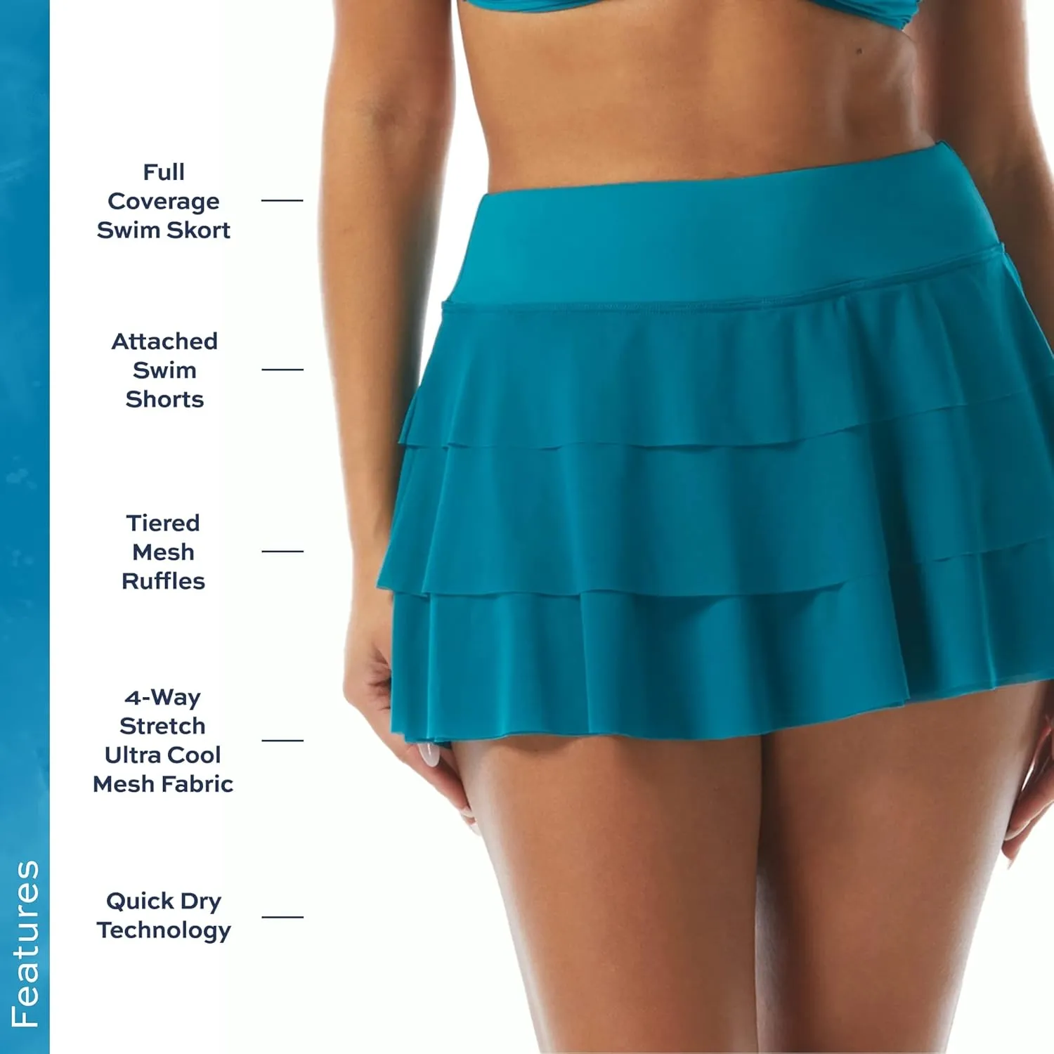Athletic Swim Skort  Ruffled Bikini Bottom Swimsuit Skirt, Mesh Tiers, Cadence