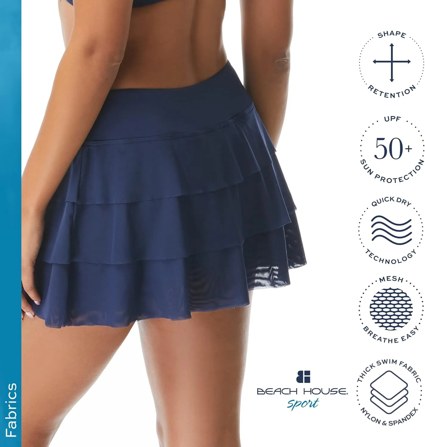 Athletic Swim Skort  Ruffled Bikini Bottom Swimsuit Skirt, Mesh Tiers, Cadence
