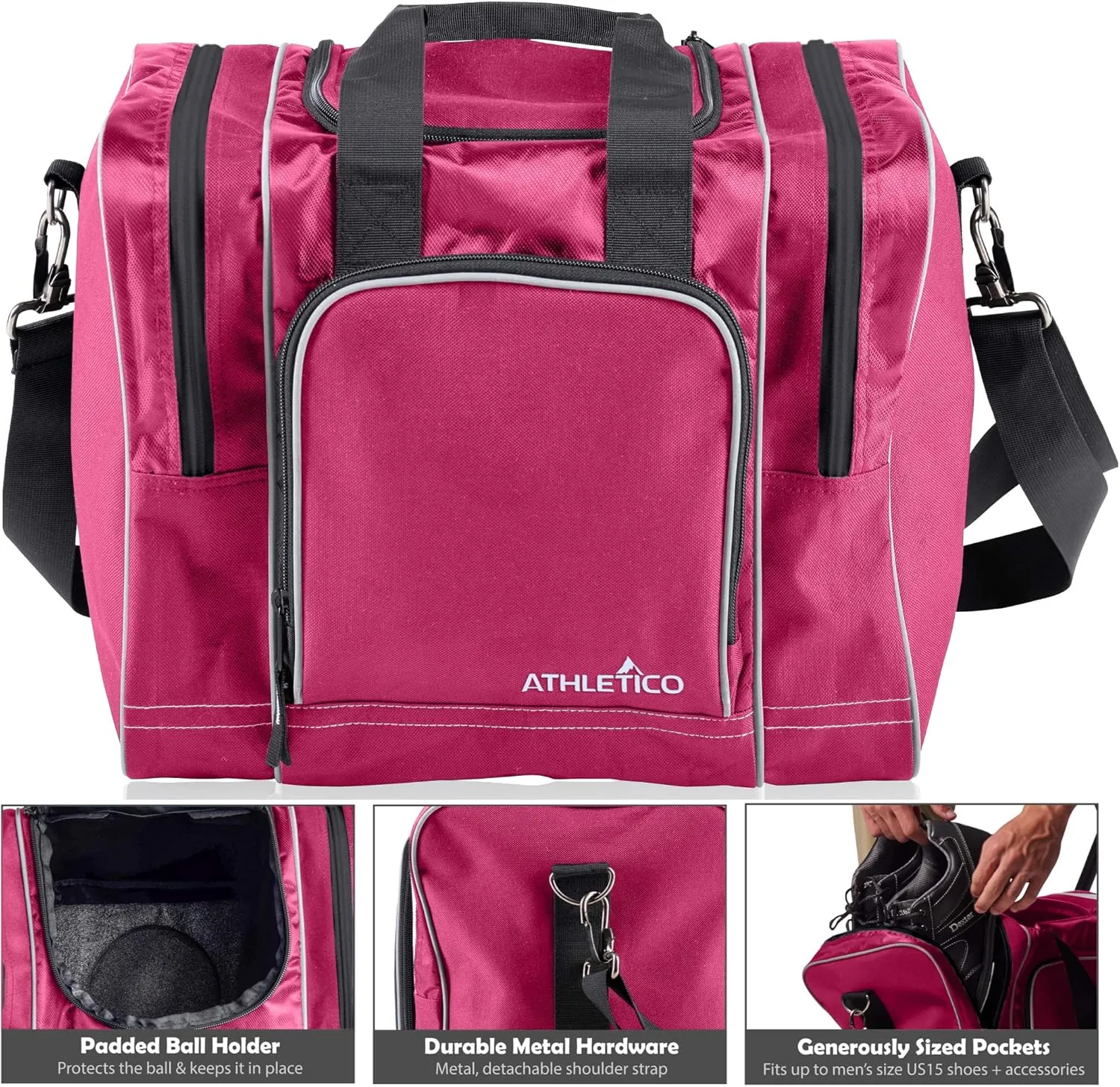 Athletico Bowling Bag for Single Ball - Single Ball Tote Bag With Padded Ball Holder - Fits a Single Pair of Bowling Shoes Up to Mens Size 14