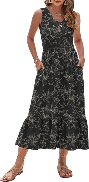 AUSELILY Womens Maxi Dress 2025 Sleeveless Summer Dresses V Neck Casual Tiered Sundresses with Pockets