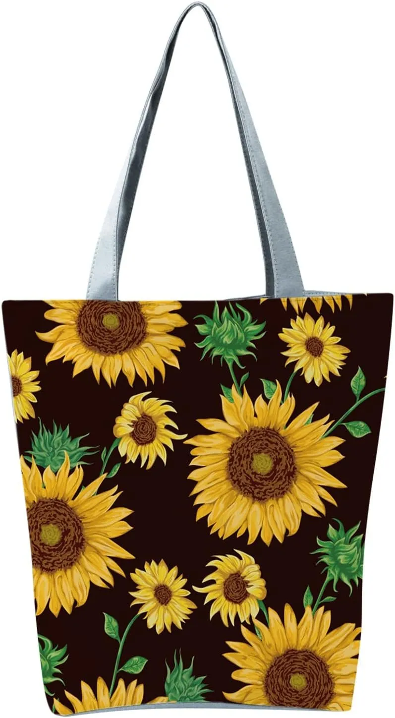 Beach Tote Bag Sunflower Printed Canvas Women's Casual Large Zippered Shoulder Bag For Outdoor Beach Travel Essential i