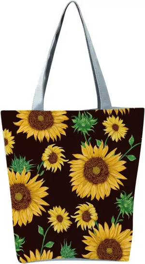 Beach Tote Bag Sunflower Printed Canvas Women's Casual Large Zippered Shoulder Bag For Outdoor Beach Travel Essential i