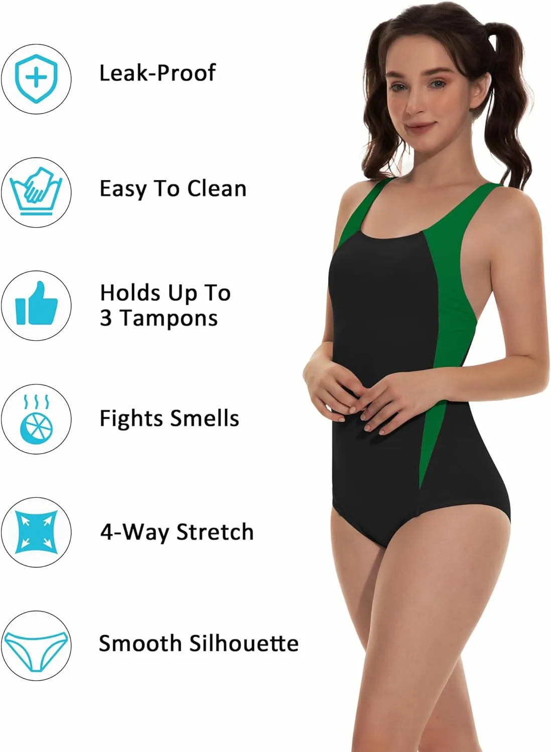 Beautikini Period Swimwear One Piece Leakproof Athletic Racerback Swimsuit Menstrual Sporty Bathing Suit for Teen Girls Women