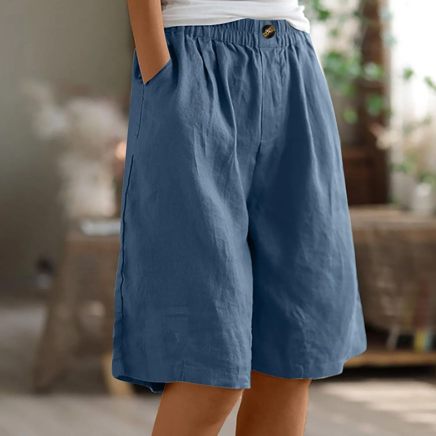 Bermuda Shorts for Women Knee Length Summer Beach Linen Shorts Lightweight Wide Leg High Waisted Long Short w/Pockets