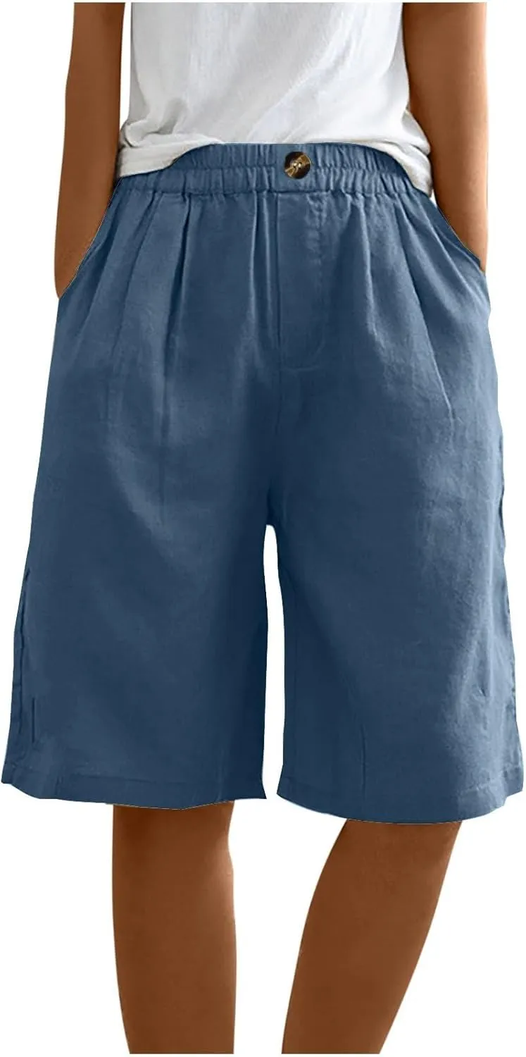 Bermuda Shorts for Women Knee Length Summer Beach Linen Shorts Lightweight Wide Leg High Waisted Long Short w/Pockets