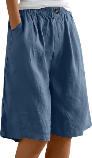 Bermuda Shorts for Women Knee Length Summer Beach Linen Shorts Lightweight Wide Leg High Waisted Long Short w/Pockets