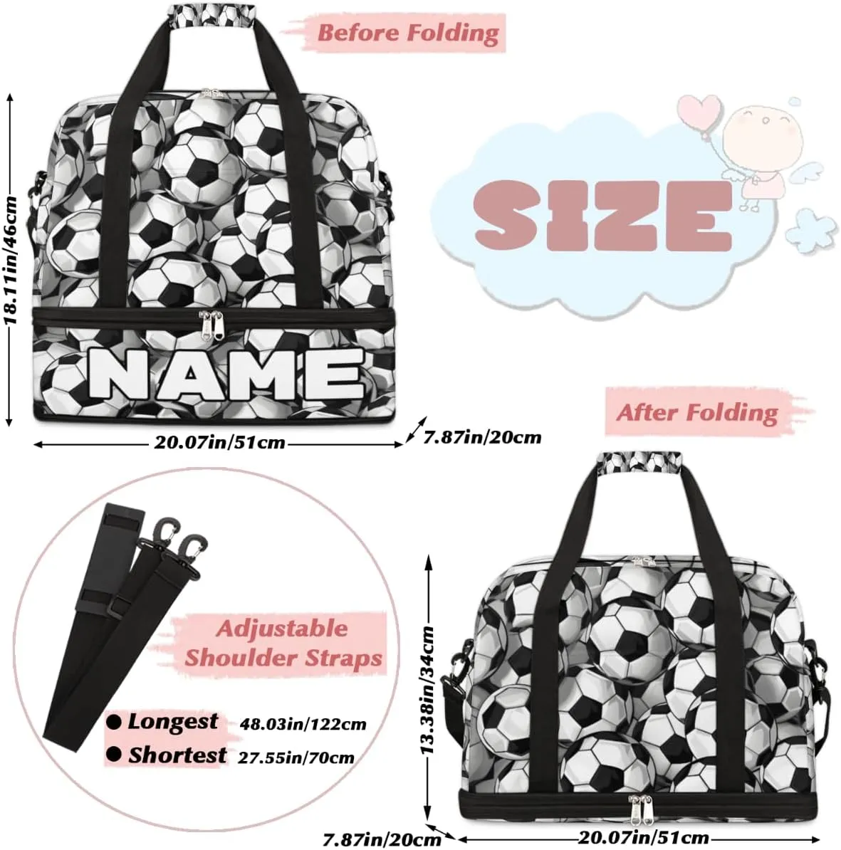 Black And White Soccer Ball Custom Foldable Duffle Bag with Shoes Compartment Personalized Large Capacity Waterproof Travel Weekender Bag Overnight Bag for Sports Gym