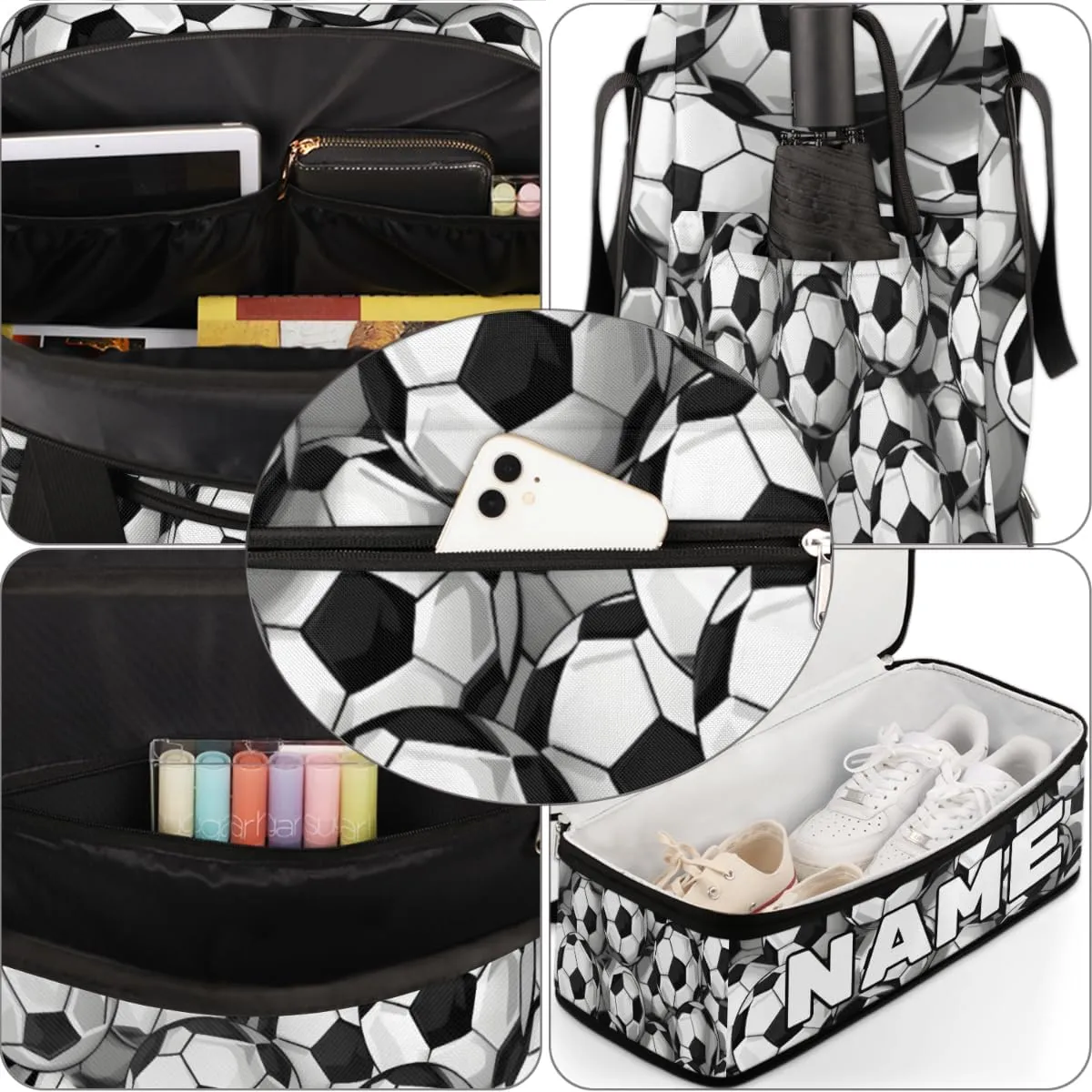 Black And White Soccer Ball Custom Foldable Duffle Bag with Shoes Compartment Personalized Large Capacity Waterproof Travel Weekender Bag Overnight Bag for Sports Gym