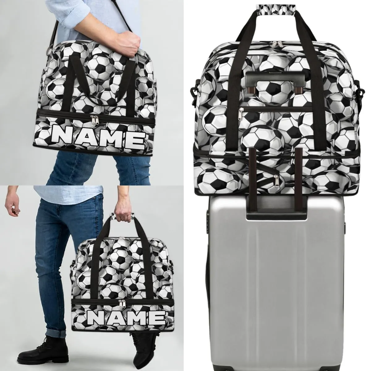 Black And White Soccer Ball Custom Foldable Duffle Bag with Shoes Compartment Personalized Large Capacity Waterproof Travel Weekender Bag Overnight Bag for Sports Gym