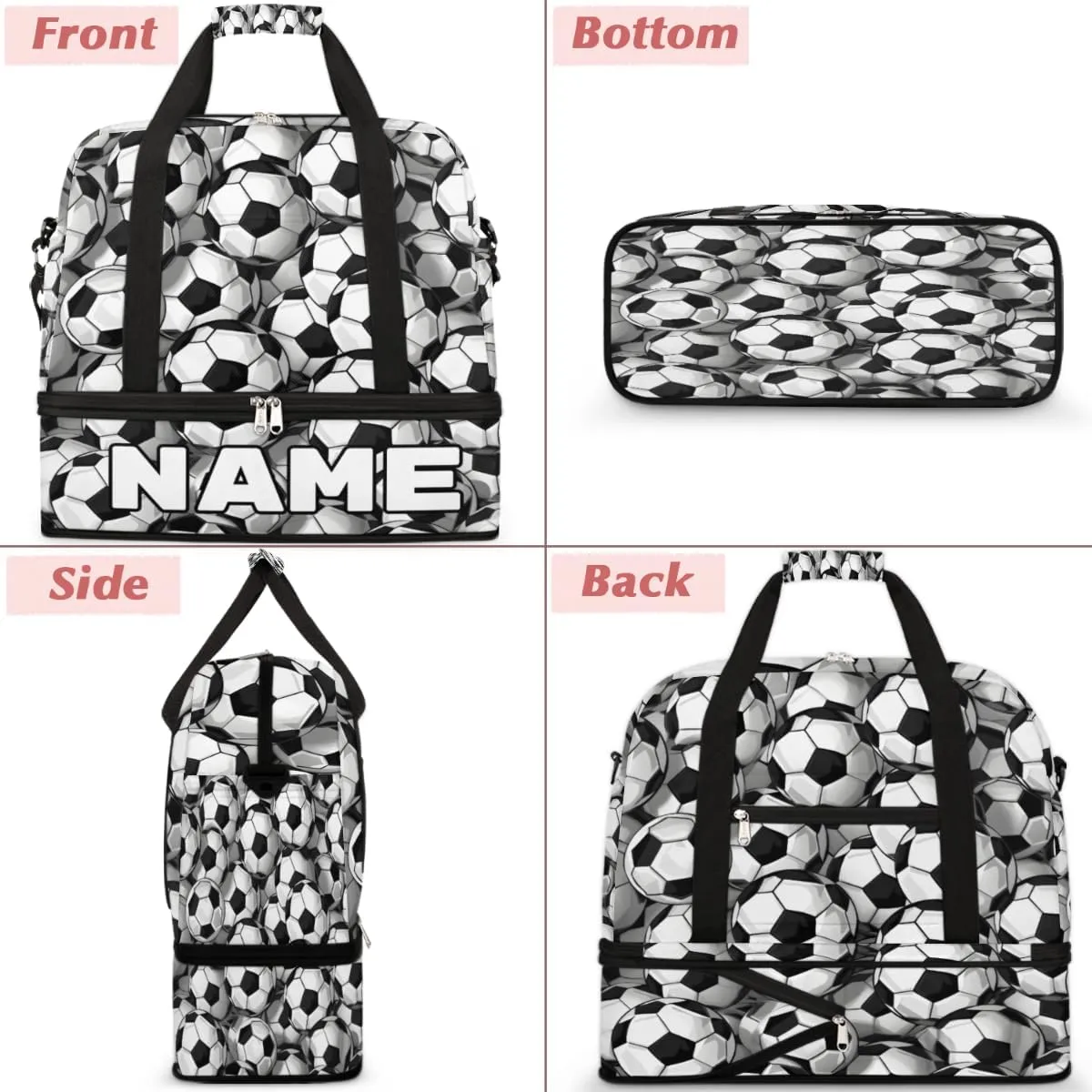 Black And White Soccer Ball Custom Foldable Duffle Bag with Shoes Compartment Personalized Large Capacity Waterproof Travel Weekender Bag Overnight Bag for Sports Gym