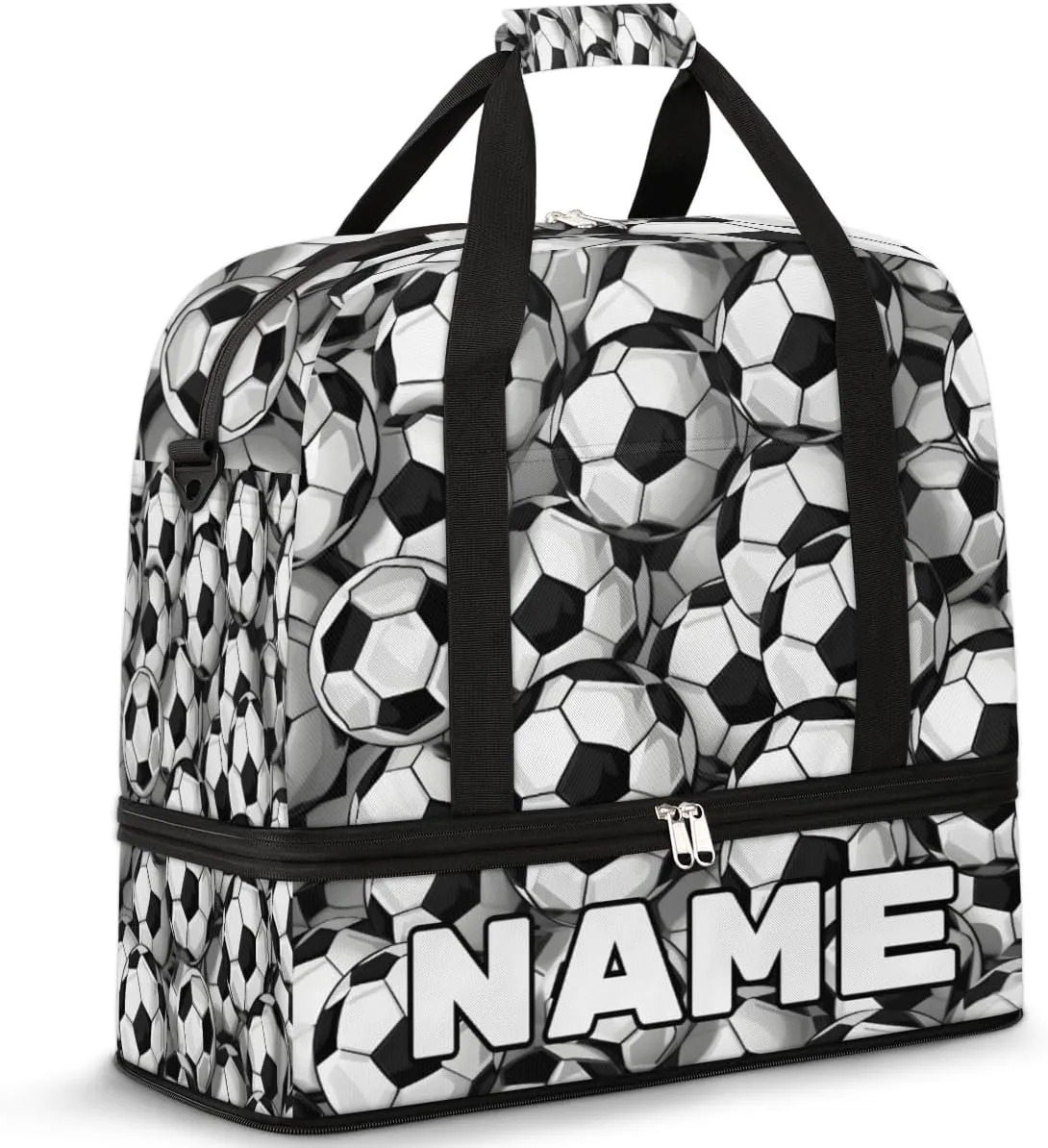 Black And White Soccer Ball Custom Foldable Duffle Bag with Shoes Compartment Personalized Large Capacity Waterproof Travel Weekender Bag Overnight Bag for Sports Gym