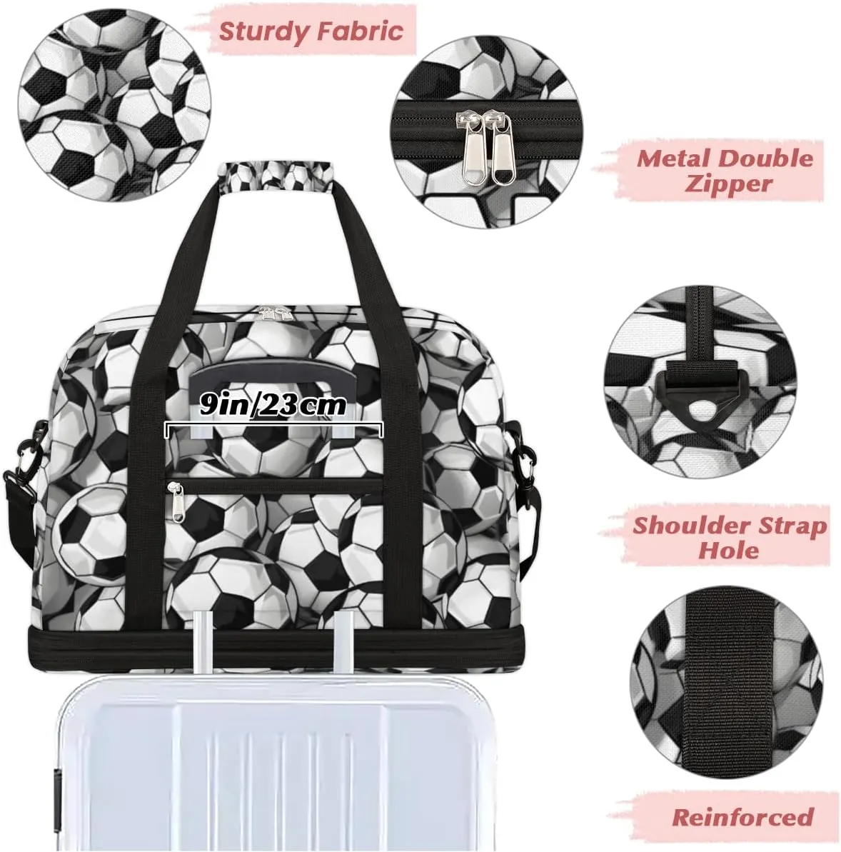 Black And White Soccer Ball Custom Foldable Duffle Bag with Shoes Compartment Personalized Large Capacity Waterproof Travel Weekender Bag Overnight Bag for Sports Gym