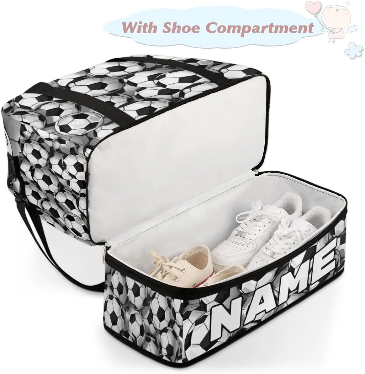 Black And White Soccer Ball Custom Foldable Duffle Bag with Shoes Compartment Personalized Large Capacity Waterproof Travel Weekender Bag Overnight Bag for Sports Gym