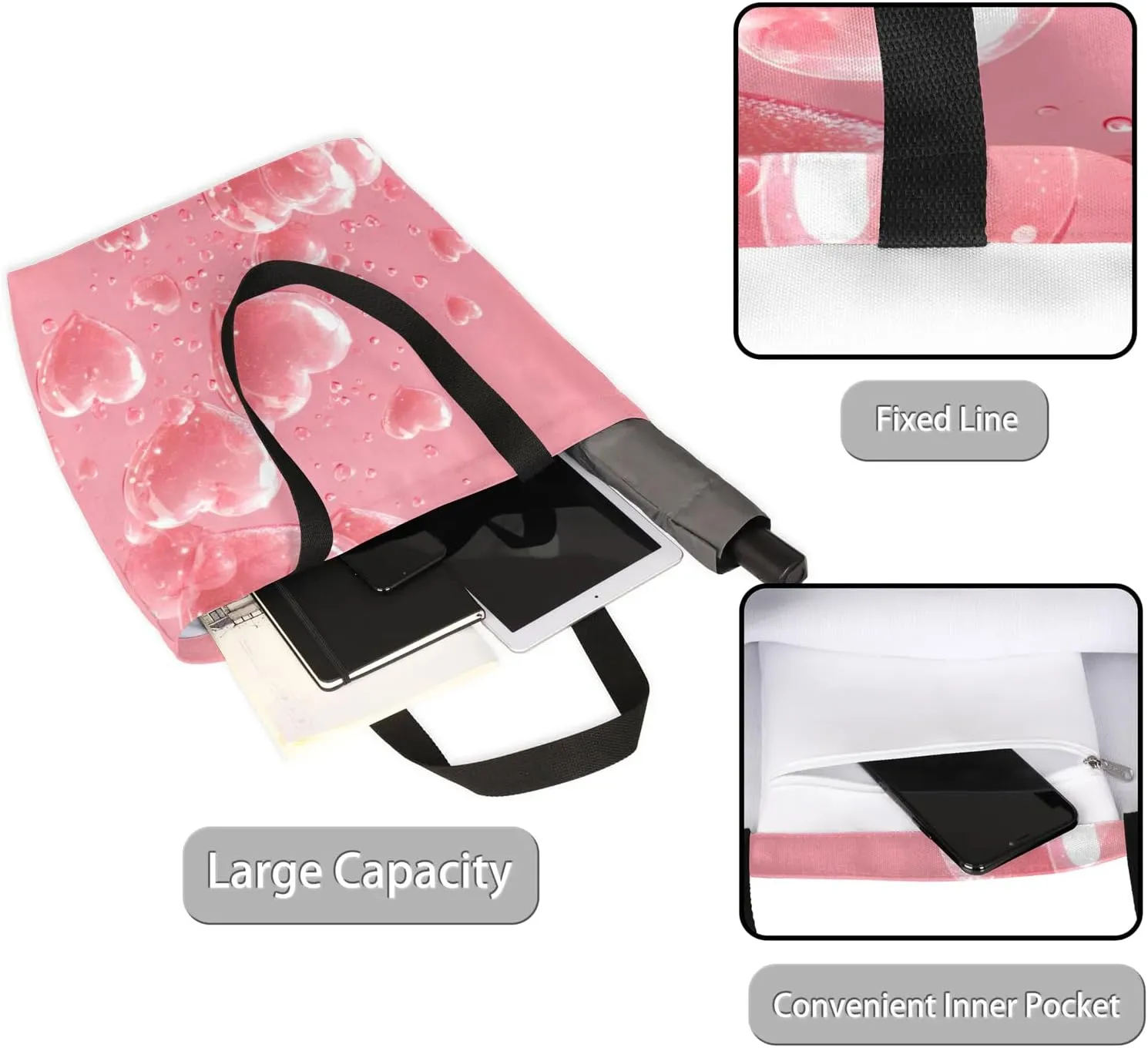 Bow Stars Stripes Large Opening Canvas Tote Bag with Interior Pocket Woman Gifts
