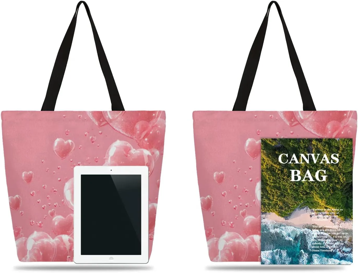 Bow Stars Stripes Large Opening Canvas Tote Bag with Interior Pocket Woman Gifts