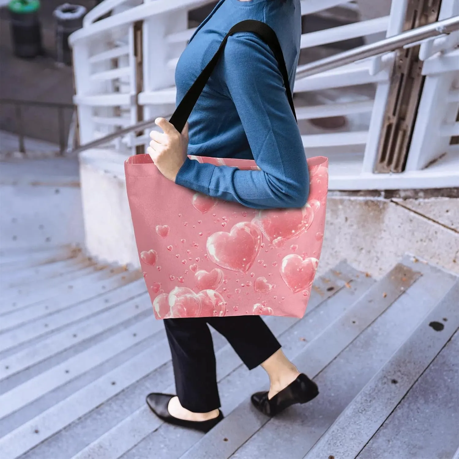 Bow Stars Stripes Large Opening Canvas Tote Bag with Interior Pocket Woman Gifts