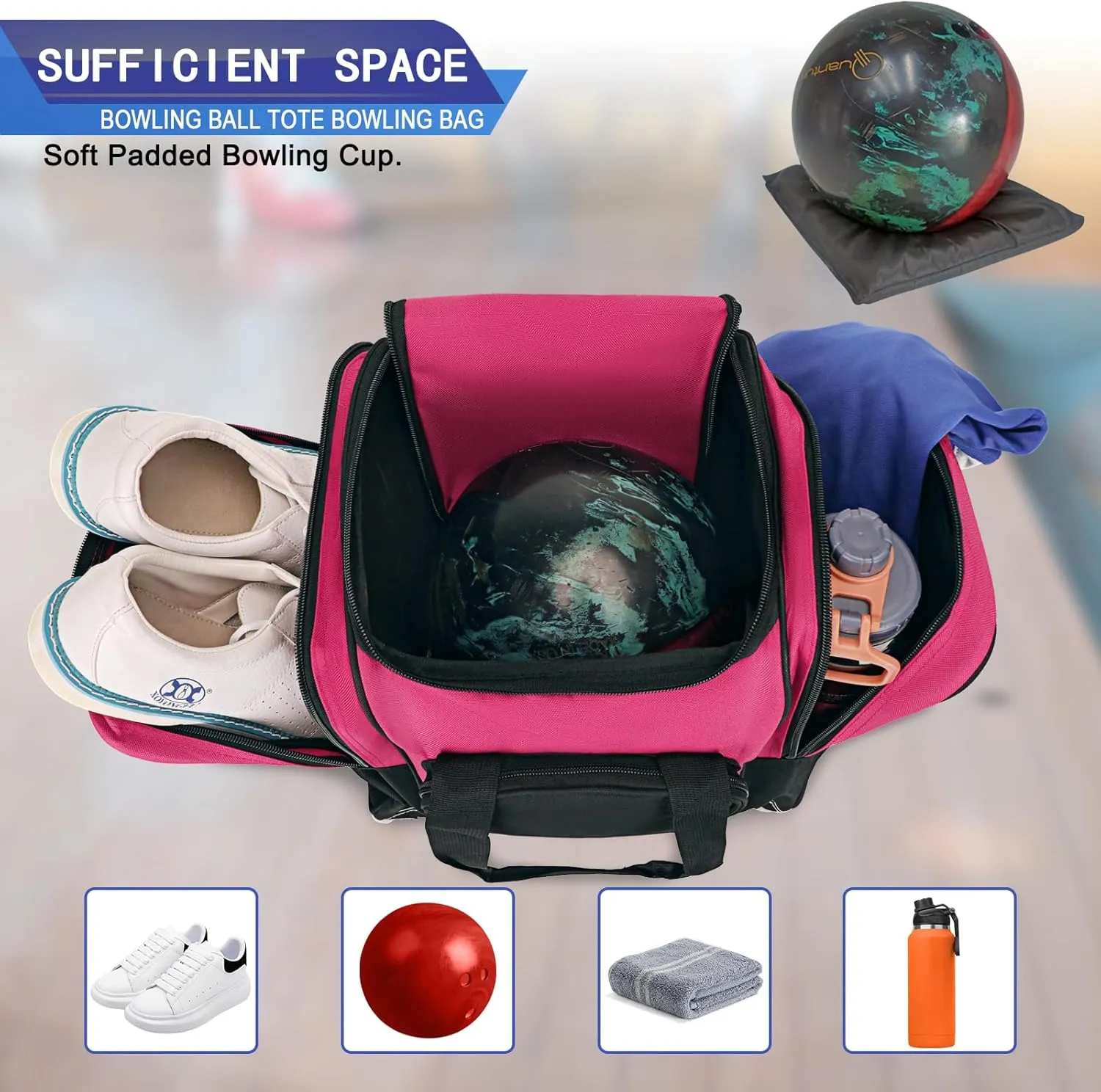 Bowling Ball Bag for Single Ball, 2022 Bowling Ball Tote Bowling bag with Padded Holder - Fits Shoes up to Mens Size 14 and Bowling Accessories