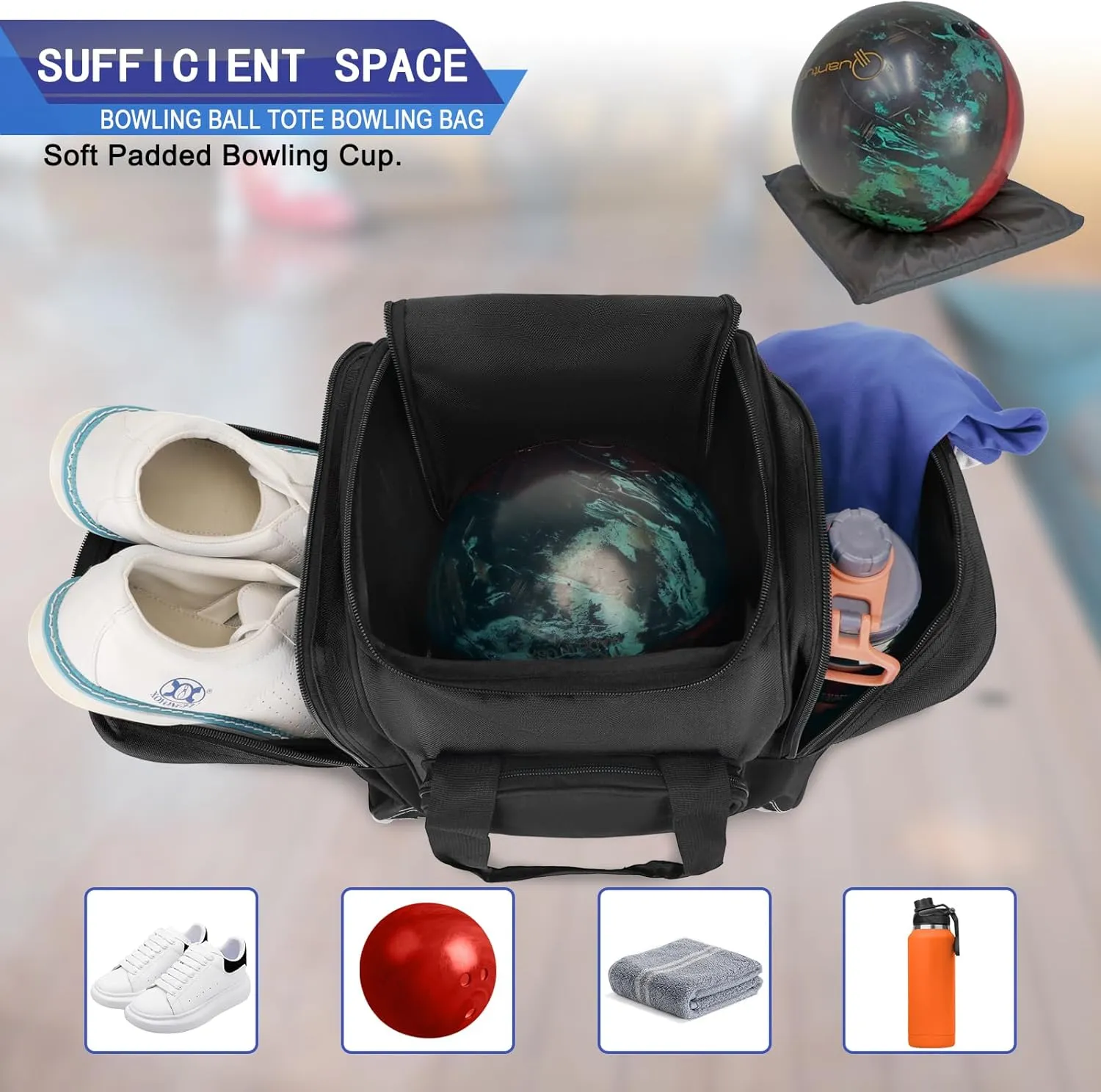 Bowling Ball Bag for Single Ball, 2022 Bowling Ball Tote Bowling bag with Padded Holder - Fits Shoes up to Mens Size 14 and Bowling Accessories