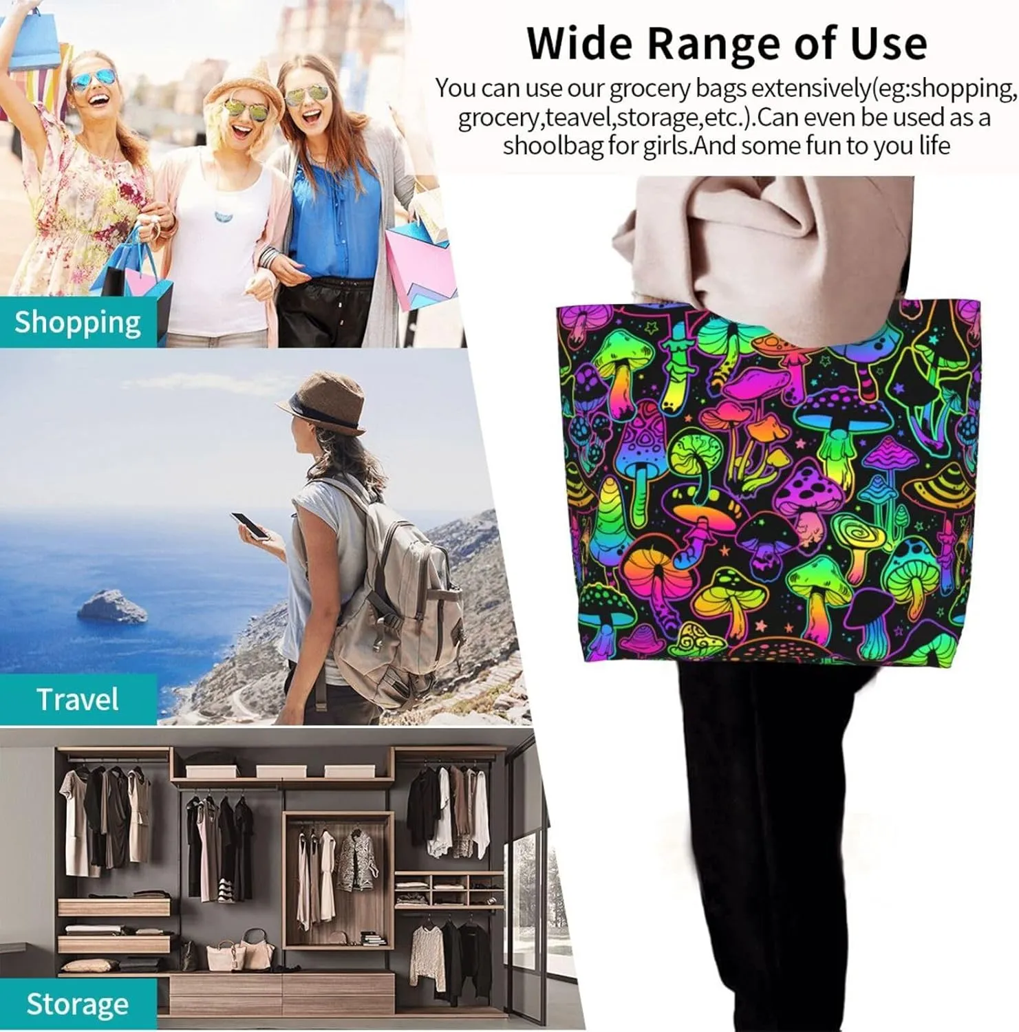 Bright Mushrooms Women's Tote Bag Large Capacity Single Shoulder Bags Handbag for Shopping Work