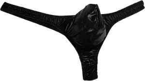 Bulge Pouch Thong for Men Sexy Low Rise T-Back Thongs Underwear PU Leather Lingerie G String Briefs (Black,One Size)