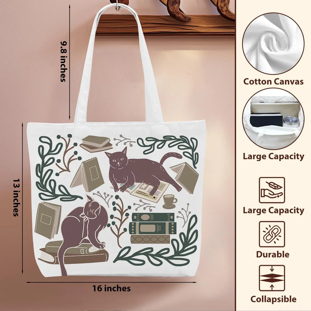 Cat Accessories, Cat gifts for Women Canvas Tote Bag, Reusable Grocery Shopping Bags for Girls Birthday