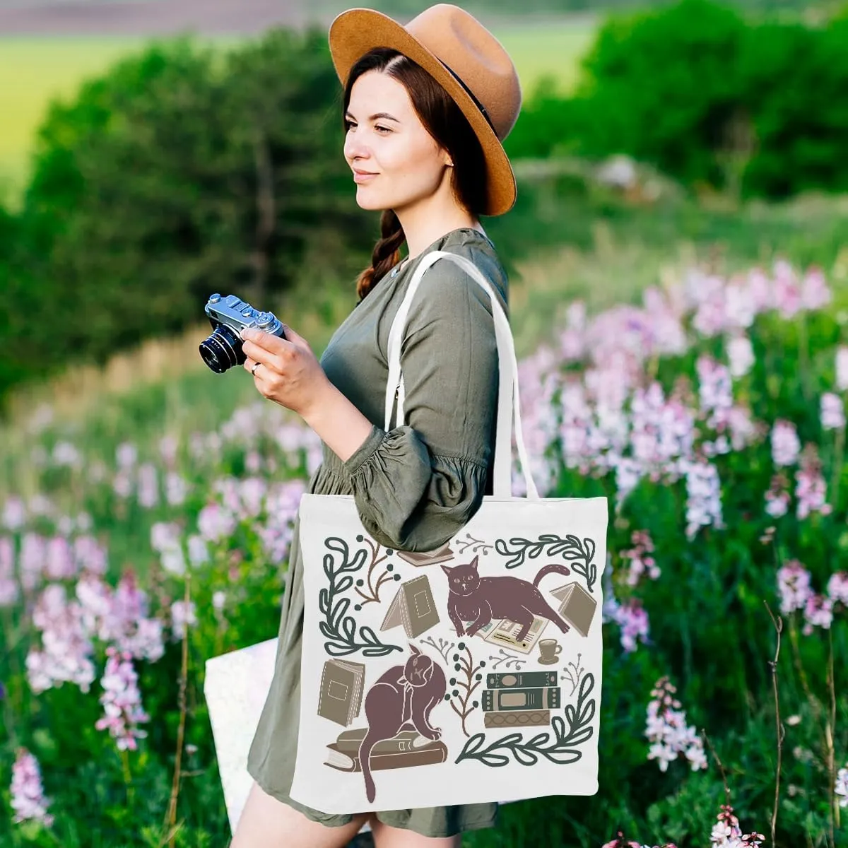 Cat Accessories, Cat gifts for Women Canvas Tote Bag, Reusable Grocery Shopping Bags for Girls Birthday