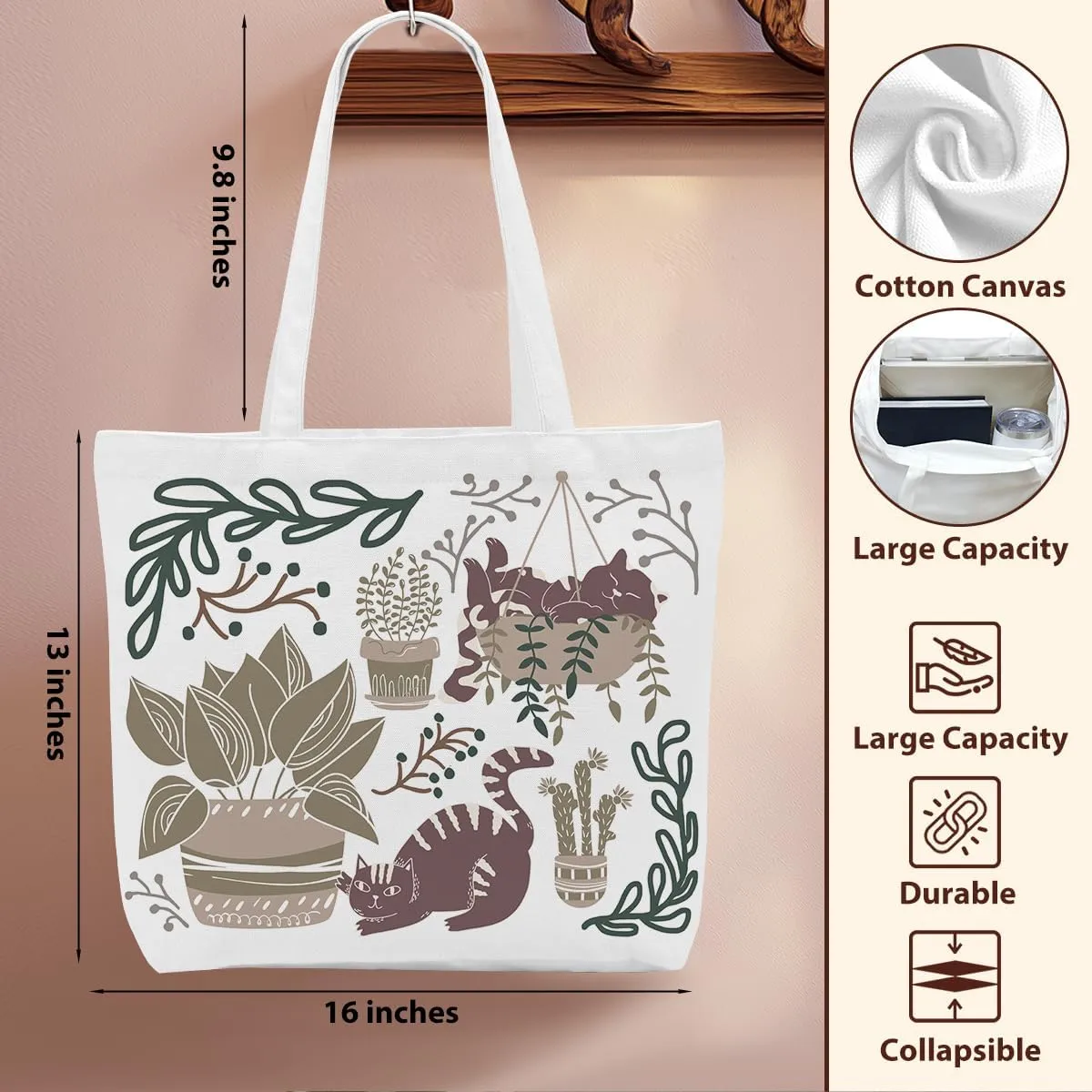 Cat Accessories, Cat gifts for Women Canvas Tote Bag, Reusable Grocery Shopping Bags for Girls Birthday