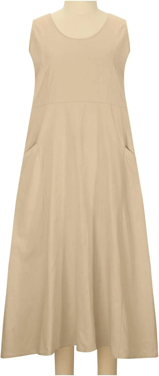 Ceboyel Women 2023 Solid Color Linen Dress Causal Summer Sun Dress Flowy Sleeveless Sundress Trendy Beach Maxi Long Dresses