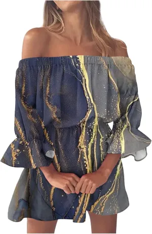 Ceboyel Women Marble Print Ruffle Dress Off Shoulder Summer Dresses Sexy Vacation Sun Dress Summer Beach Outfits 2023