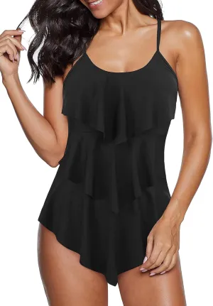Century Star Womens Athletic One Piece Retro Flounce Swimsuits Ruffled Tiered Tummy Control Swimwear Plus Bathing Suits