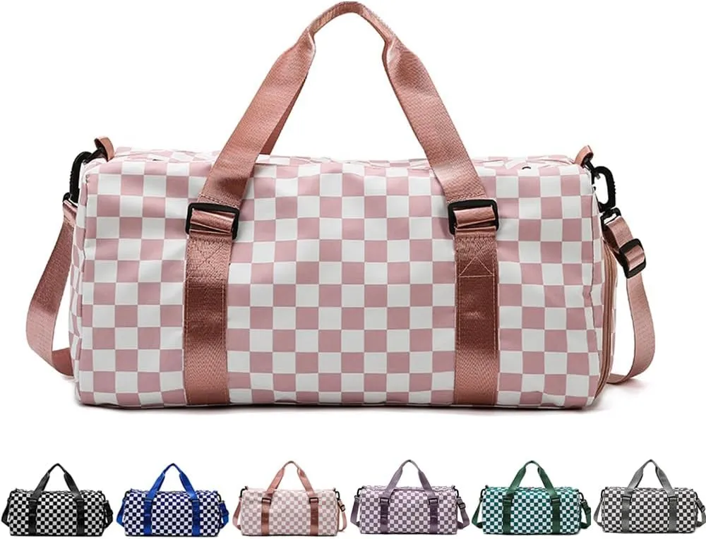 Checkered Gym Bag with Shoes Compartment & Wet Pocket, Sports Duffel Bags for Women/Men, Dance Bag for Girls, Travel Overnight Bag Weekend Bag (pink)