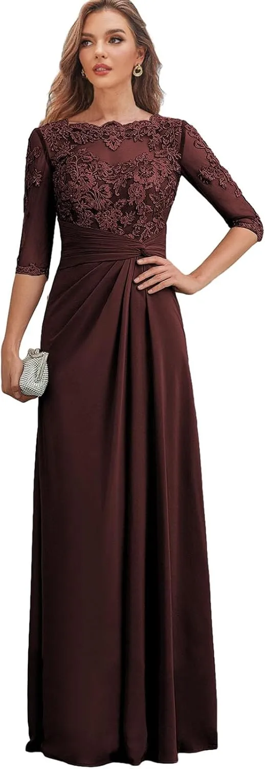 Chiffon Long Mother of The Bride Dresses for Women Lace Appliques Formal Evening Dress with Sleeves