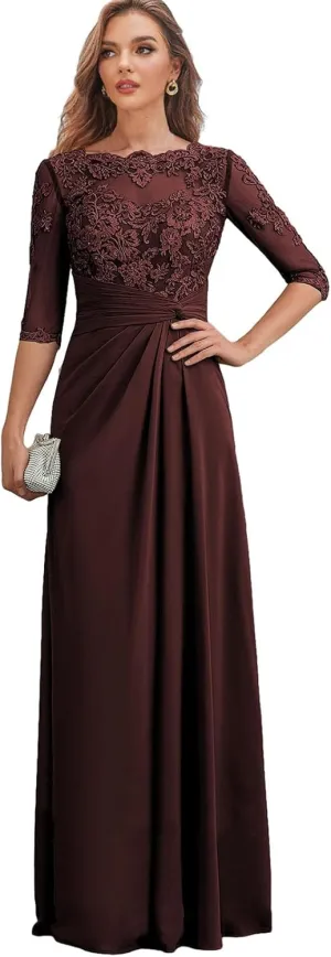 Chiffon Long Mother of The Bride Dresses for Women Lace Appliques Formal Evening Dress with Sleeves