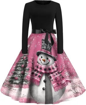 Christmas Dresses for Women 2024 Long Sleeve Crewneck Xmas Reindeer Big Hem Bodycon Midi A-Line Winter Hepburn Dress