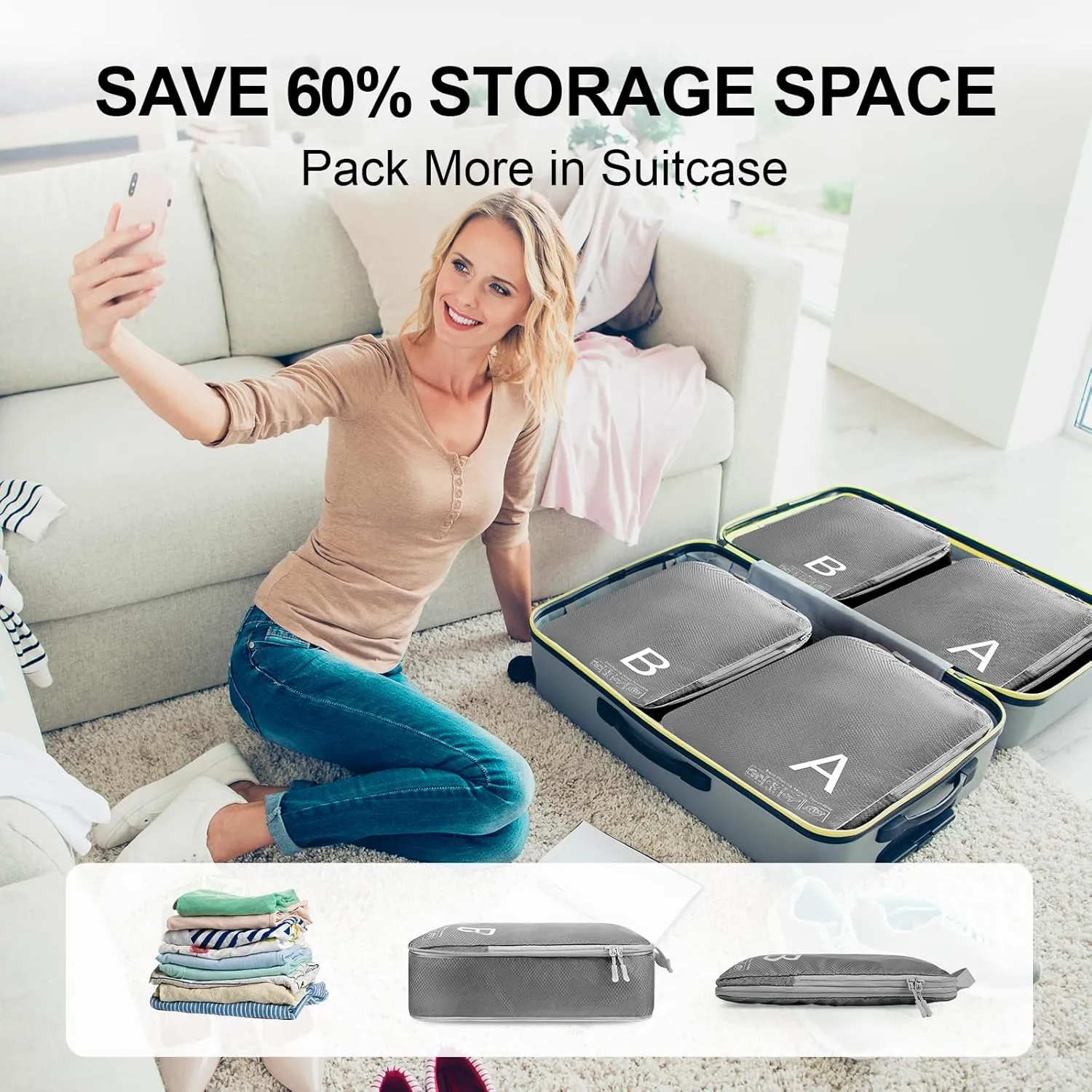 Compression Packing Cubes for Travell - Premium 381D Fabric Packing Cubes with Smooth Zippers, Space-Saving Compression Bags for Travell, Luggage Organizers for Clothes, Shoes, and Accessories