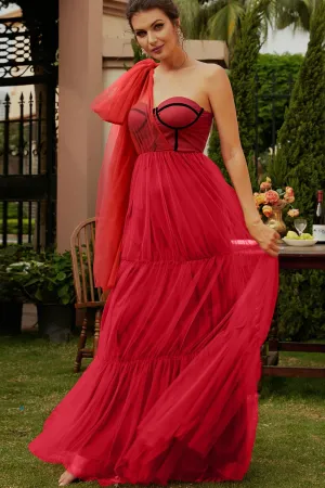 Contrast Tie-Shoulder Tiered Mesh Dress