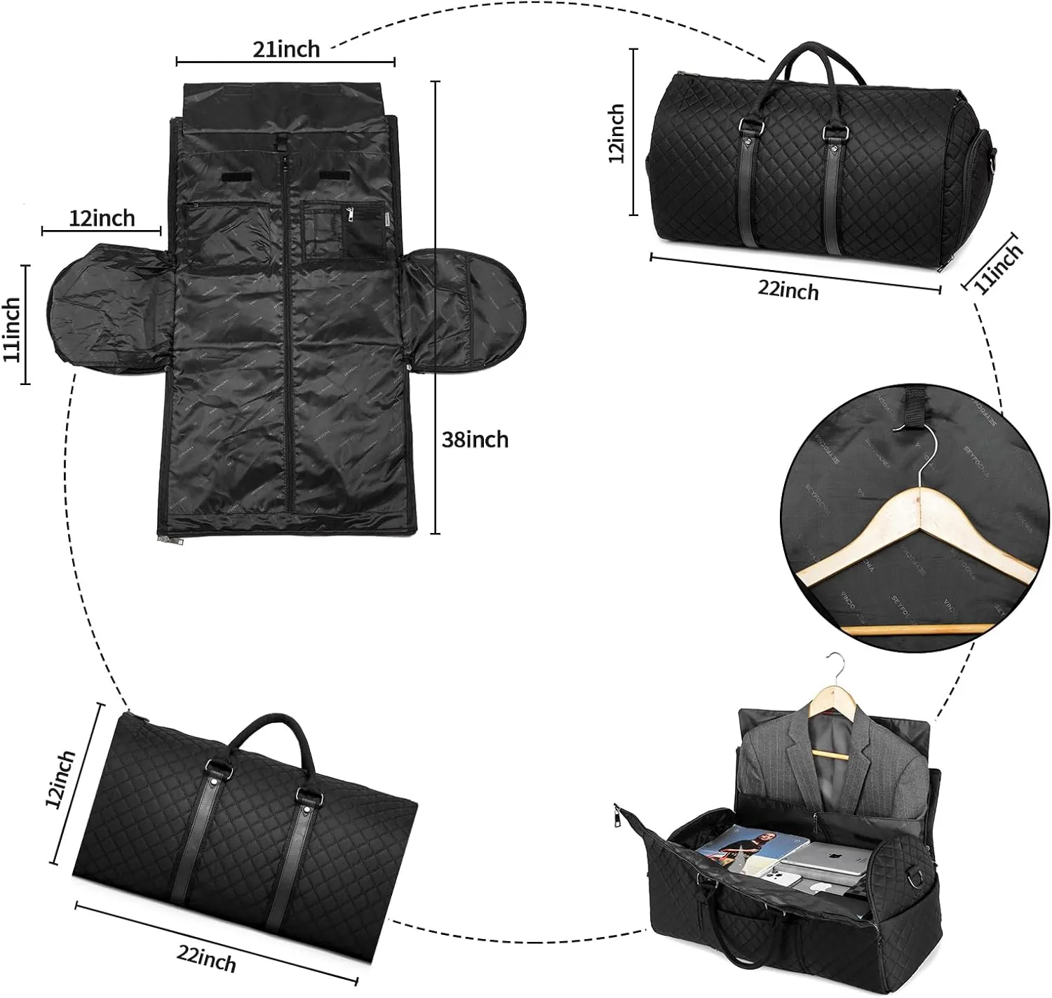 Convertible Carry on Garment Bag,Garment Duffle Bags for Hanging Clothes - 2 in 1 Hanging Suitcase Suit Travel Bags Weekend Flight Bag with Shoe Pouch for Men Women Black