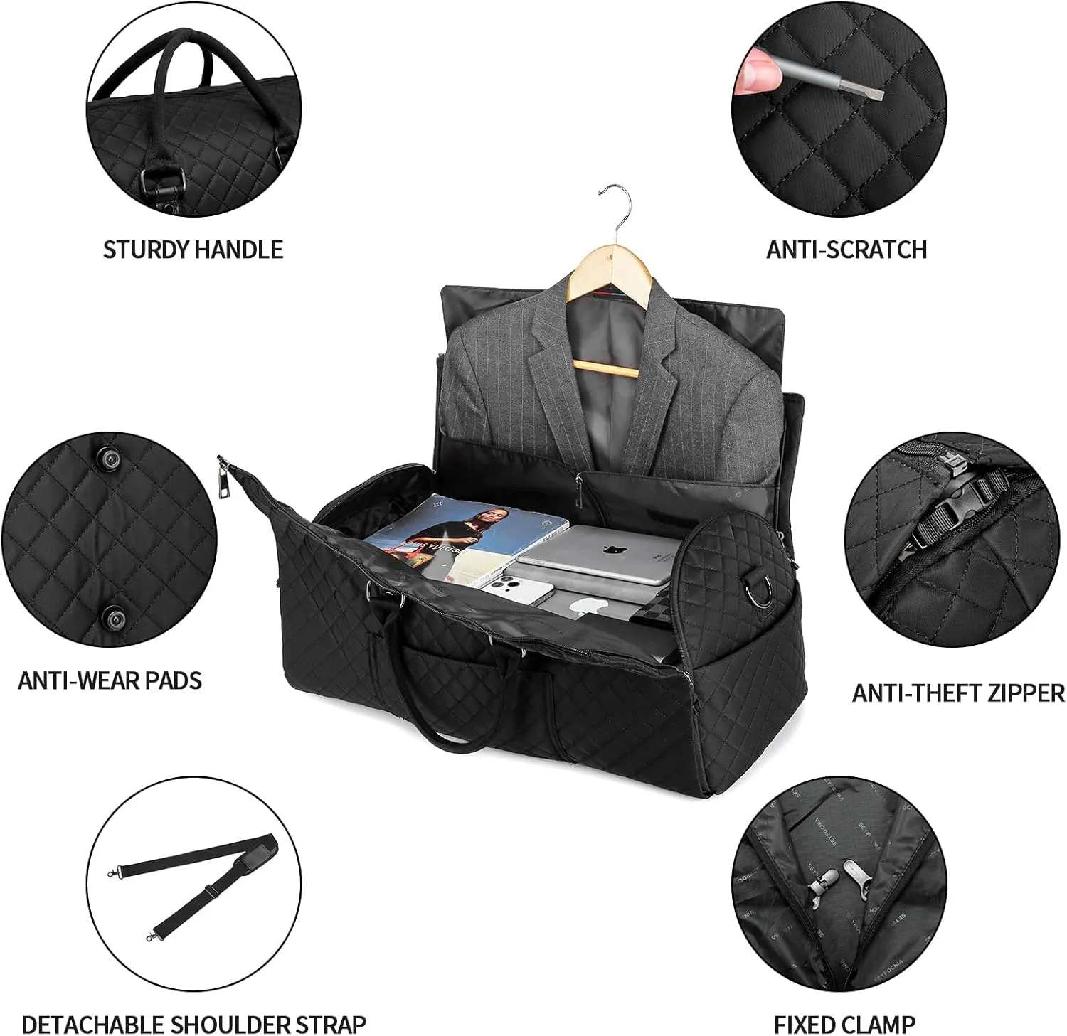 Convertible Carry on Garment Bag,Garment Duffle Bags for Hanging Clothes - 2 in 1 Hanging Suitcase Suit Travel Bags Weekend Flight Bag with Shoe Pouch for Men Women Black