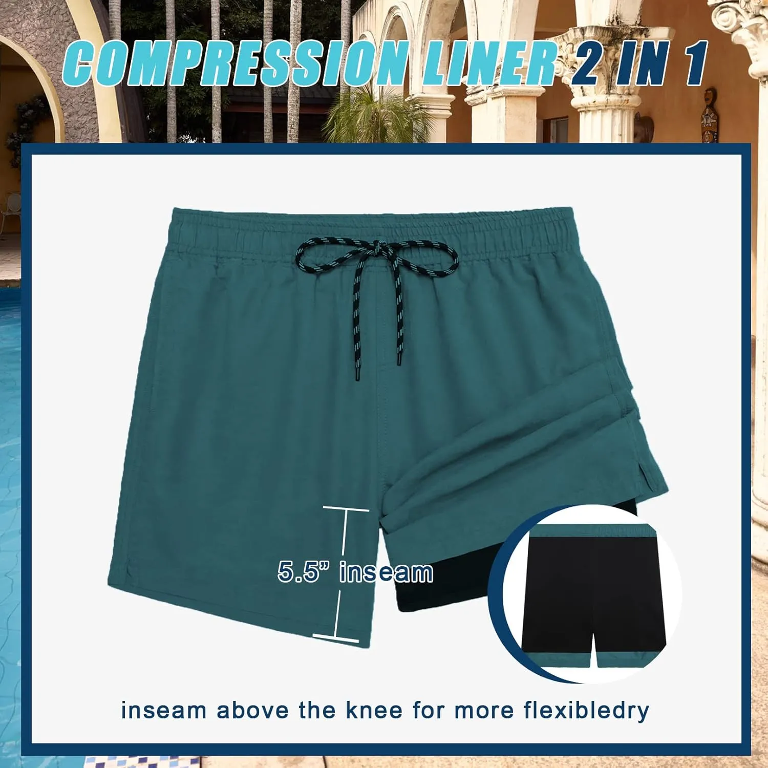 COOFANDY Men Swim Trunk with Compression Liner 2 in 1 Swimwear Bathing Suit Quick Dry Board Short