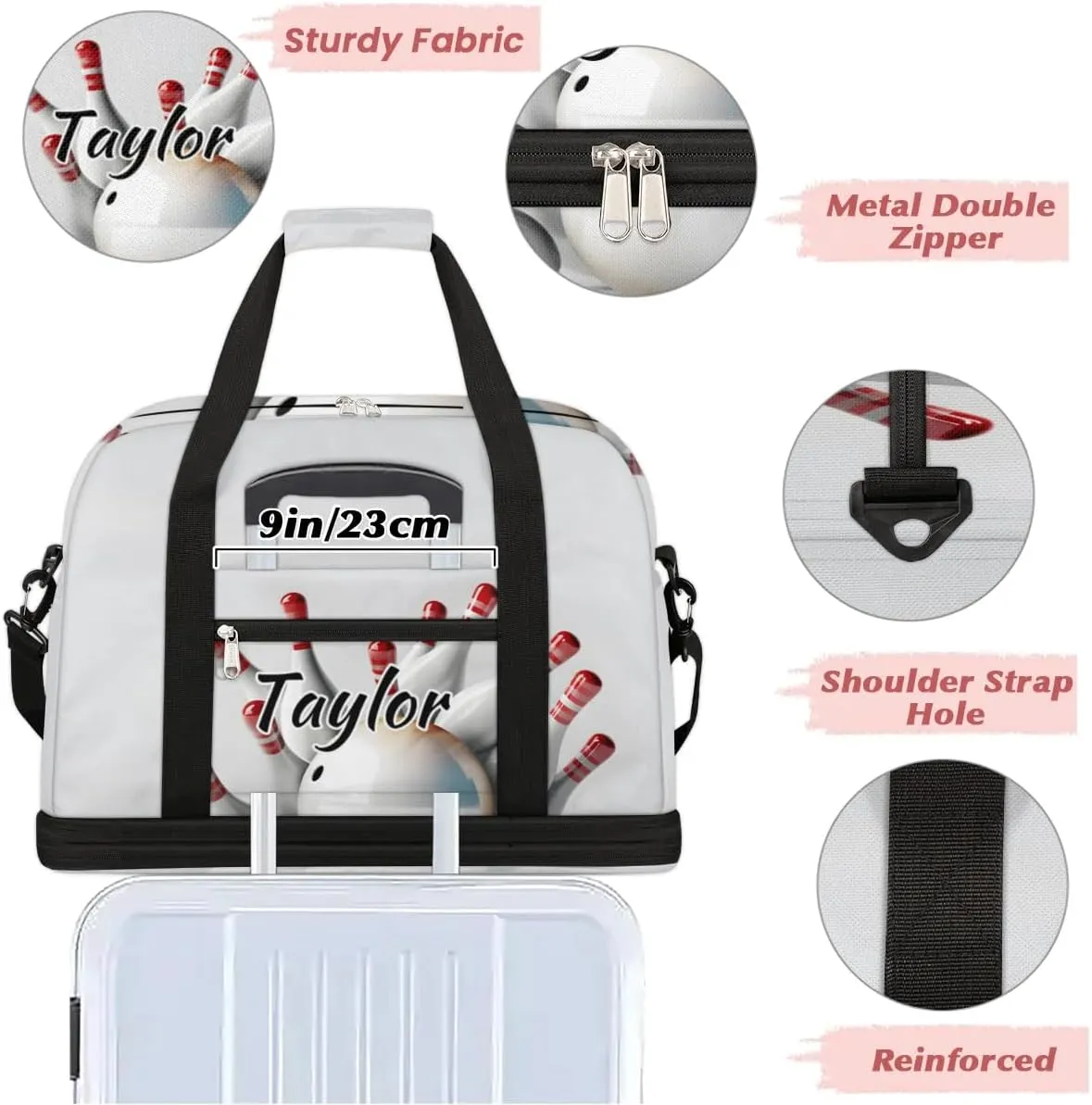 Customized Gym Bag for Women, Personalized Bowling Ball Travel Duffel Bag with Name, Bowling Sport Weekender Overnight Bag with Shoes Compartment for Men Travel Yoga