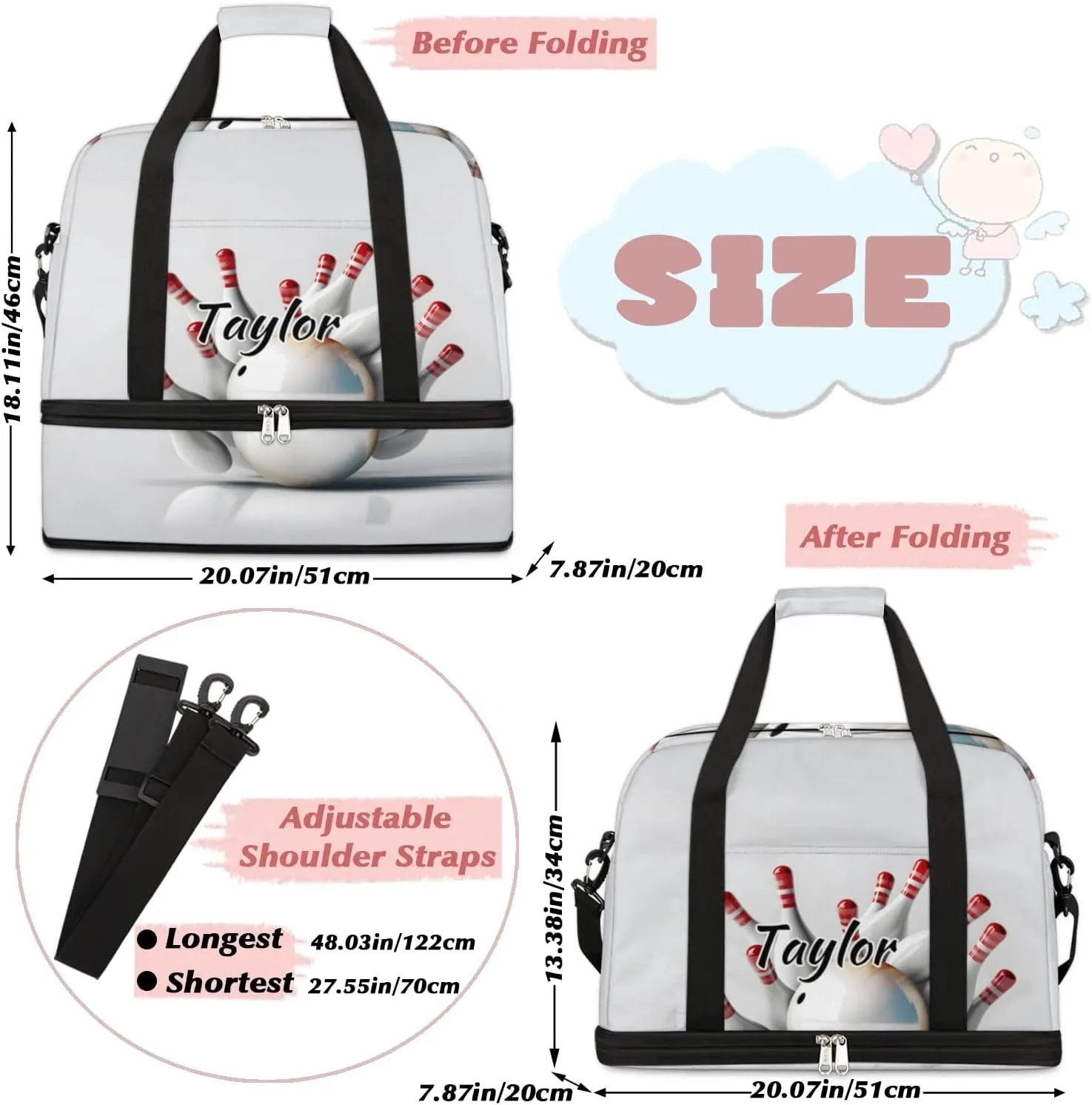 Customized Gym Bag for Women, Personalized Bowling Ball Travel Duffel Bag with Name, Bowling Sport Weekender Overnight Bag with Shoes Compartment for Men Travel Yoga