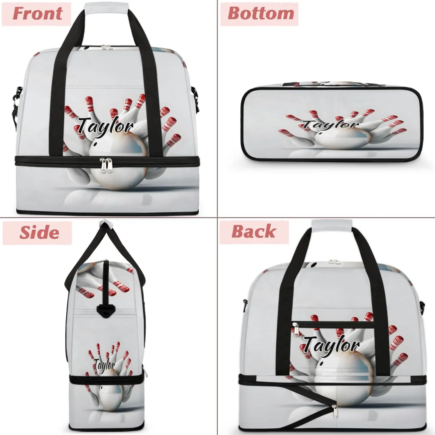 Customized Gym Bag for Women, Personalized Bowling Ball Travel Duffel Bag with Name, Bowling Sport Weekender Overnight Bag with Shoes Compartment for Men Travel Yoga