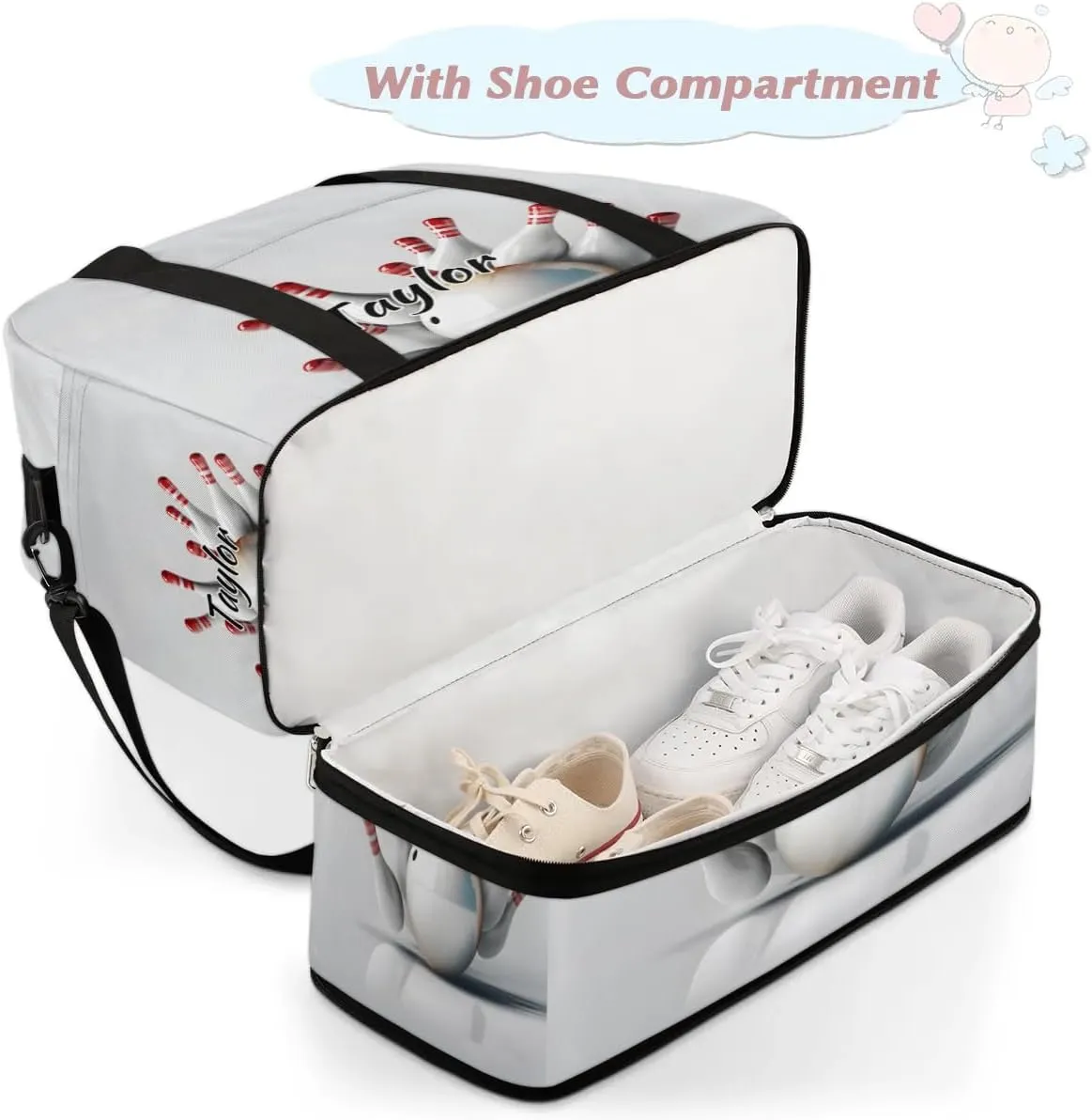 Customized Gym Bag for Women, Personalized Bowling Ball Travel Duffel Bag with Name, Bowling Sport Weekender Overnight Bag with Shoes Compartment for Men Travel Yoga