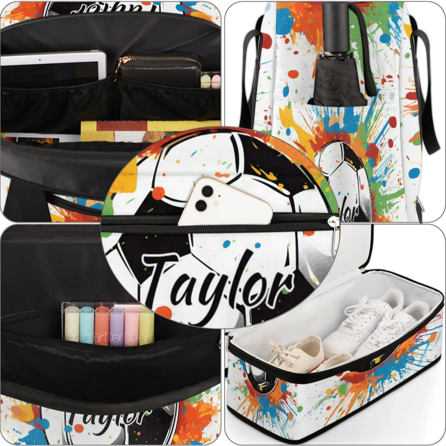 Customized Gym Bag for Women, Personalized Soccer Travel Duffel Bag with Name, Colorful Soccer Weekender Overnight Bag with Shoes Compartment for Men Travel Yoga